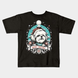 Shih Tzu Merry Christmas Santa Hat and Christmas Tree Kids T-Shirt